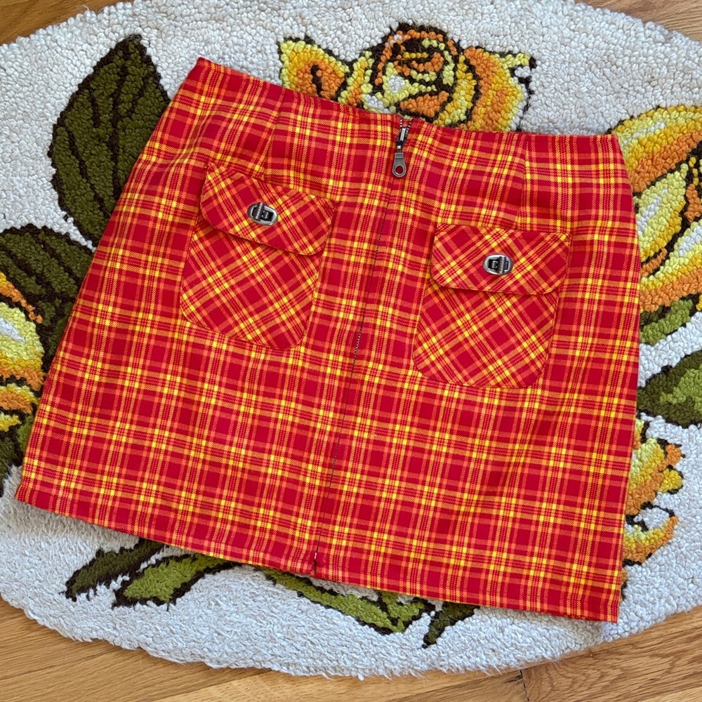 Vintage Free People Red and Yellow Plaid Mini Skirt w/ Lock Pockets & Front Zip